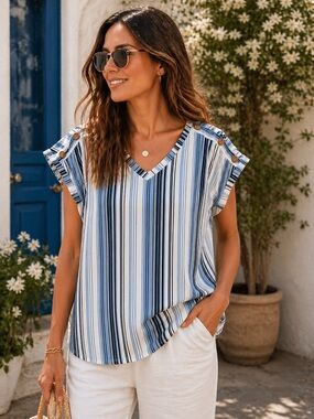 TrueSelf Blue & White Stripe | Euro Summer Flutter Sleeve  | Coastal Chic V-Neck
